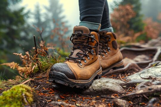 Exploring the rugged terrain, a person's sturdy boots leave imprints on the forest floor as they trek through the wilderness, surrounded by towering trees and wild plants