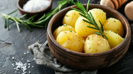 potatoes with rosemary in a bowl served on wooden table with copy space
