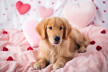 A serene Golden Retriever puppy lies comfortably on a pink blanket, surrounded by soft heart cushions and Valentine's decorations.