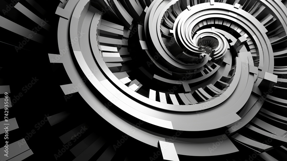 Poster unusual abstract piano keyboard spiral background fractal like endless staircase. black and white pi