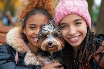 Two fashion-forward women beam with joy as they pose outdoors with their adorable terrier, donning stylish clothing and a chic dog breed as the perfect fashion accessory