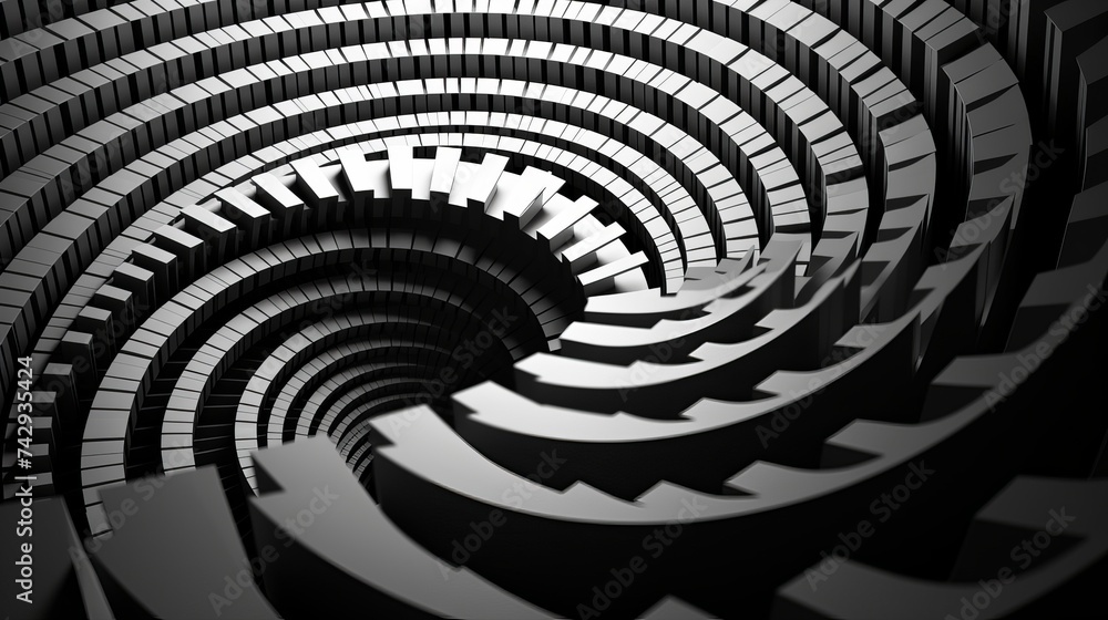 Poster unusual abstract piano keyboard spiral background fractal like endless staircase. black and white pi