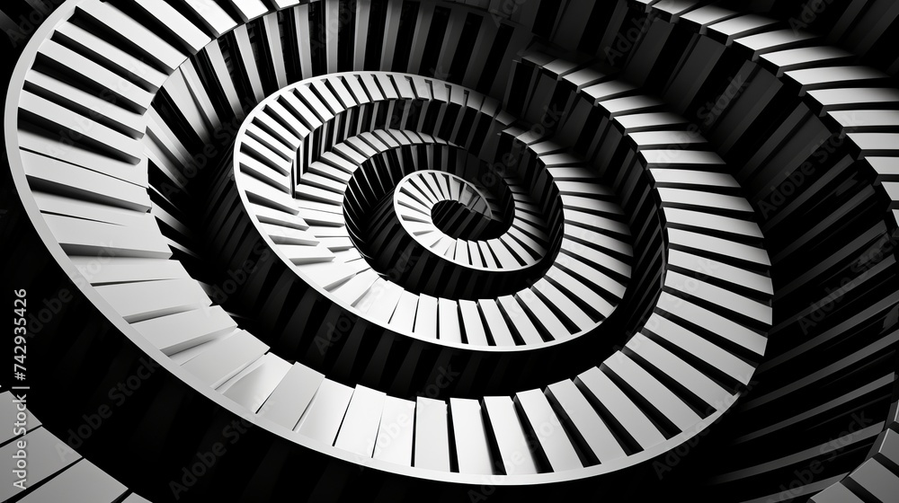 Poster unusual abstract piano keyboard spiral background fractal like endless staircase. black and white pi