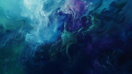 An abstract art piece inspired by the ocean's depths, blending blues, greens, and purples to mimic the underwater world. - obrazy, fototapety, plakaty