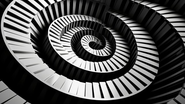 Unusual abstract piano keyboard spiral background fractal like endless staircase. Black and white piano keys  screwed into round spiral repetitive pattern. Music concept distorted circle backdrop