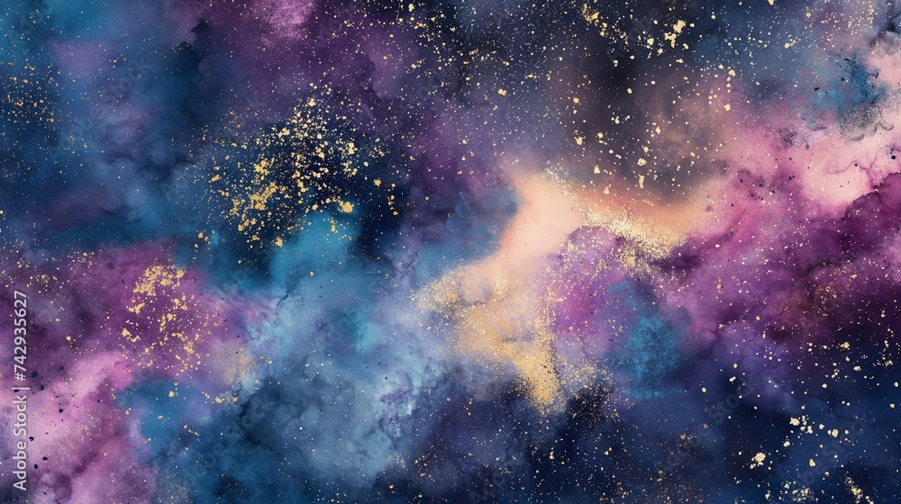 Poster an abstract background featuring a dynamic explosion of watercolor in cosmic colors
