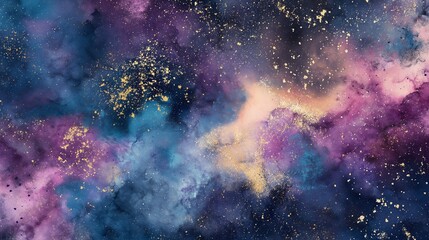 An abstract background featuring a dynamic explosion of watercolor in cosmic colors