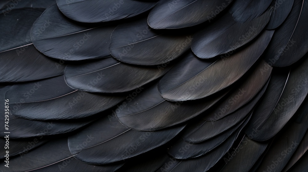 Poster a background that is abstract and resembles black feathers. with each feather gently overlapping the