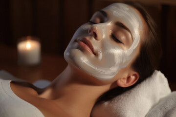 A beautiful woman enjoying a luxurious cream face mask treatment in a serene spa.