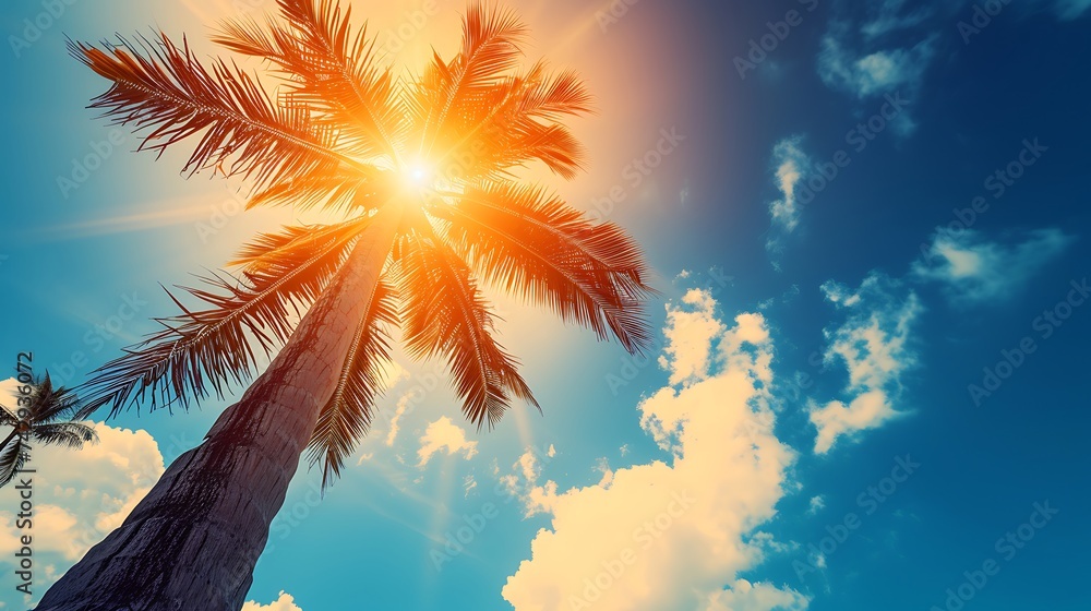 Poster sunlit palm tree. generative ai.