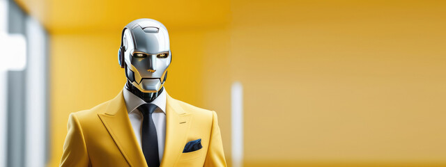 Artificial intelligence humanoid robot dressed in yellow business suit, white shirt and black tie stands on isolated yellow background. Futuristic modern technology. Business banner concept