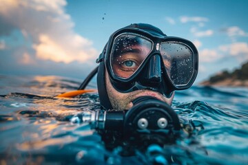 A solitary aquanaut gazes up at the clouds while submerged in the tranquil blue depths, his scuba gear and oxygen mask a symbol of his daring and mastery of the underwater world
