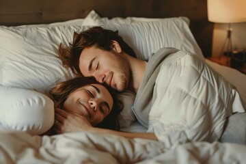 A peaceful moment of intimacy and relaxation, as a man and woman lay in bed, nestled under a warm blanket and surrounded by the comforting embrace of their bedroom walls and soft bedding, drifting of
