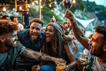 A vibrant group of friends enjoying each other's company, their faces adorned with genuine smiles as they raise their glasses in celebration at an outdoor festival