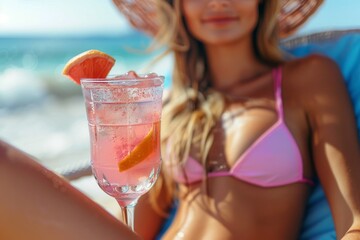 A carefree woman basks in the sun, sipping on a refreshing cocktail as she flaunts her bikini top and embraces the summer vibes at the beach