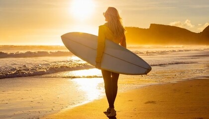 Junge Frau trägt Surfbrett am Strand beim Sonnenuntergang - obrazy, fototapety, plakaty