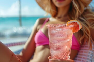 A stylish woman enjoys a refreshing cocktail while basking in the warm summer sun on the beach, her fashion accessories adding to her carefree vibe