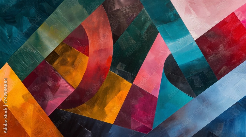 Poster an abstract composition of overlapping geometric shapes in a variety of colors and textures.