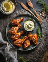 Fotobehang Knackige Chicken Wings mit aromatischem Zitronen-Pfeffer-Gewürz und cremiger Aioli © Tribar