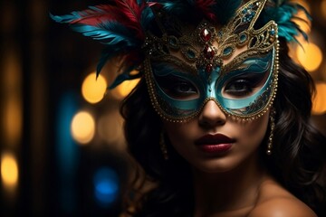 A stunning beauty lady with piercing eyes and flawless skin, adorned with a Venetian masquerade carnival mask, stands out against the dark background of a holiday party.