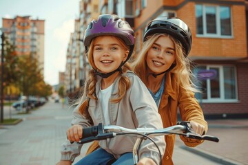 Obraz premium A joyful woman and her young companion smile as they ride their bikes through the bustling streets, their helmets gleaming in the sunlight, a symbol of their carefree spirit and adventurous nature