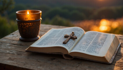 Friedvolles Bibellesen bei Sonnenuntergang mit Kreuz und Kerze - obrazy, fototapety, plakaty