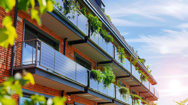 The apartment building features multiple balconies with solar panels attached for generating green energy