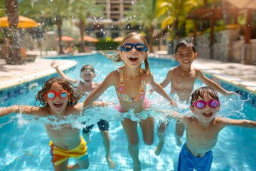 Vibrant and carefree, a group of kids clad in colorful swimwear jump into the crystal clear waters of a bustling outdoor pool, their laughter echoing through the leisure centre as they make the most  - obrazy, fototapety, plakaty