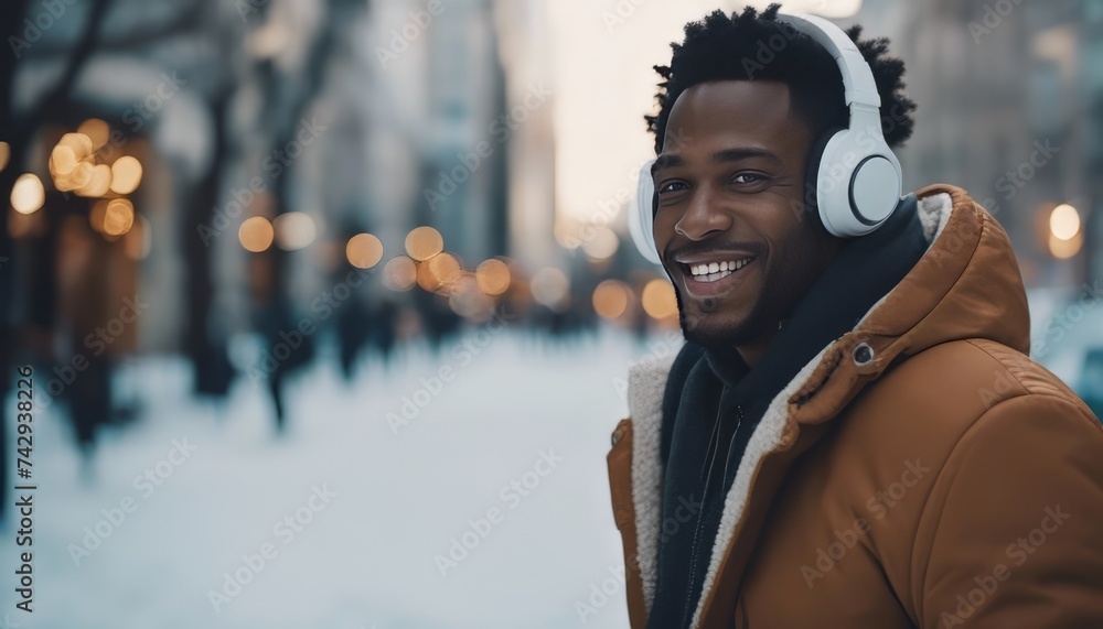 Wall mural joyful african american man with headphones enjoying winter day in the city, urban lifestyle and mus