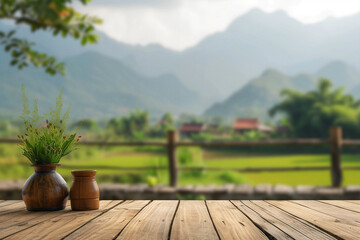 Weathered wooden product display with Asian highlands on background - 742938825