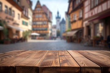 Weathered wooden product display with european old town on background on background - 742938837