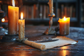 Quill and vintage writing table with candles, World Poetry Day - 742939017
