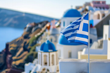 Greece independace day, Santorini and national flag in blue sky - 742939092