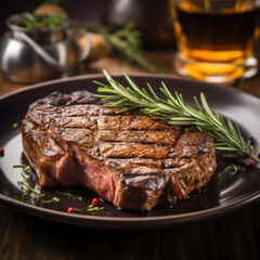 Grilled medium rib eye steak with rosemary and pepper on plate.
