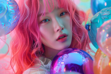 Fantasy fashion korean model with balloons. Pink hair girl - 742939234