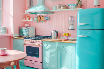 Retro doll kitchen in pastel cute colors, shabby chic vintage - 742939403