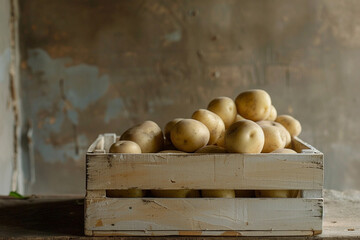 Rustic wooden container with young potatoes - 742939495