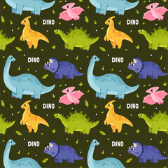 Cute pattern with dinosaurs, different colors, great kids print, for clothing and wrapping paper, on a colored background