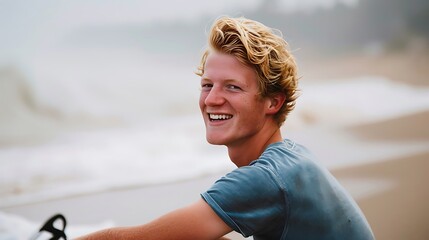 Smiling Man Sitting on Surfboard. Generative AI.