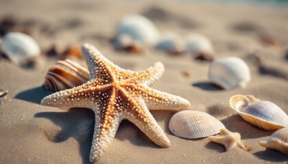 sea star and shells on the sandy beach
