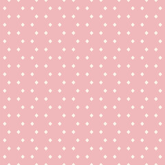 Cute pink minimalist background. Vector seamless pattern with simple shapes, small rhombuses, diamonds, dots in regular grid. Subtle minimal texture. Elegant repeating geo design for textile, fabric