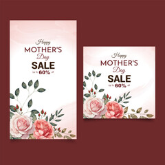 vector watercolor style pink and Red rose editable template for mother's day celebration with sale up to 50% off text