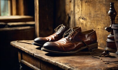 Old brown leather shoes on a wooden table.