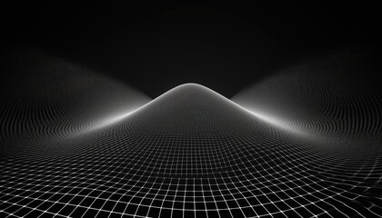 Perspective distorted black grid. Digital background with wireframe wave. Vector curve surface