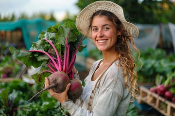 A woman's radiant smile reflects the joy of harvesting fresh, local produce as she proudly holds up a bundle of vibrant beets in her garden