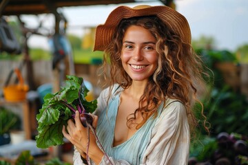 A sun-kissed woman in a stylish hat smiles brightly while holding a vibrant beet, embracing the beauty of nature and showcasing her fashionable taste