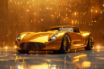 Naklejka premium Luxury Gold Sports Car Showcase with Festive Bokeh Lights Background 