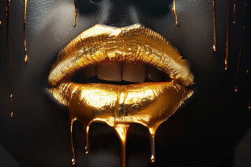 Sensual Golden Lips with Dripping Liquid Metal, Luxury Beauty Concept
 - obrazy, fototapety, plakaty