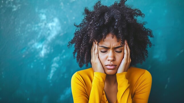Stressed Woman with Curly Hair Holding Head in Yellow Top Against Blue Background - Powered by Adobe