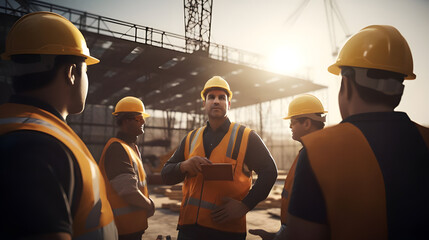 Engineers discussing safety protocols and conducting toolbox talks with construction crews to promote a culture of safety awareness and compliance on the job site.